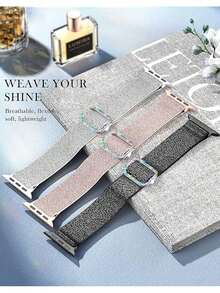 3pcs Women's Glitter Nylon Watch Bands Compatible With 38mm 40mm 41mm 42mm 44mm 45mm 46mm 49mm Apple Watch Series Ultra/SE/10/9/8/7/6/5/4/3/2/1, Adjustable Clasp Bling Bling - Silver White/Pink/Black - View 8