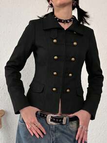 Napoleon Inspired Stand Collar Blazer, Black Slim Fit Jacket With Gold Decorative Buttons - Black - View 4
