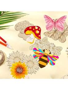 Set casuale di 24 pezzi di insetti in legno fai-da-te, kit di artigianato per dipingere insetti in legno non verniciati, include insetti in legno non verniciati, pennelli e vernici, adatto per decorazioni festive e progetti artistici personalizzati, ideale per la decorazione della casa - Multicolore - Visualizzare 6