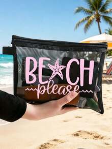 網格托特包套組，彩色「Please Beach」字樣與海星設計，網格化妝包，海灘手提包，休閒度假包，可折疊大容量游泳包，夏季必備，適合學校、度假、開學使用，送給朋友和老師的理想禮物 - 彩色 - 查看 5
