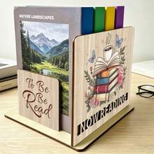 1 Set Wooden Bookshelf With Coffee And Book Floral Print, Desktop Storage And Book Lover Gift, Natural Wood Aesthetic Bookend, Compact Home Book Storage, Floral Butterfly Book Organizer And Reader Gift - Multicolor - View 7