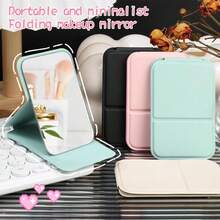 Espejo de maquillaje minimalista para baño y dormitorio, espejo plegable estilo Simpleini, espejo portátil de cuero PU, espejo para dormitorio universitario de regreso a clases, espejo de tocador portátil de escritorio, espejo con soporte de escritorio, espejo de maquillaje de mano, espejo de escritorio ajustable, espejo de tocador para dormitorio de estudiante, decoración del hogar, decoración de baño y habitación, organizador de maquillaje de verano, accesorios de baño, adecuado como regalo de Navidad y Halloween para familiares y amigos - Negro - Ver 6