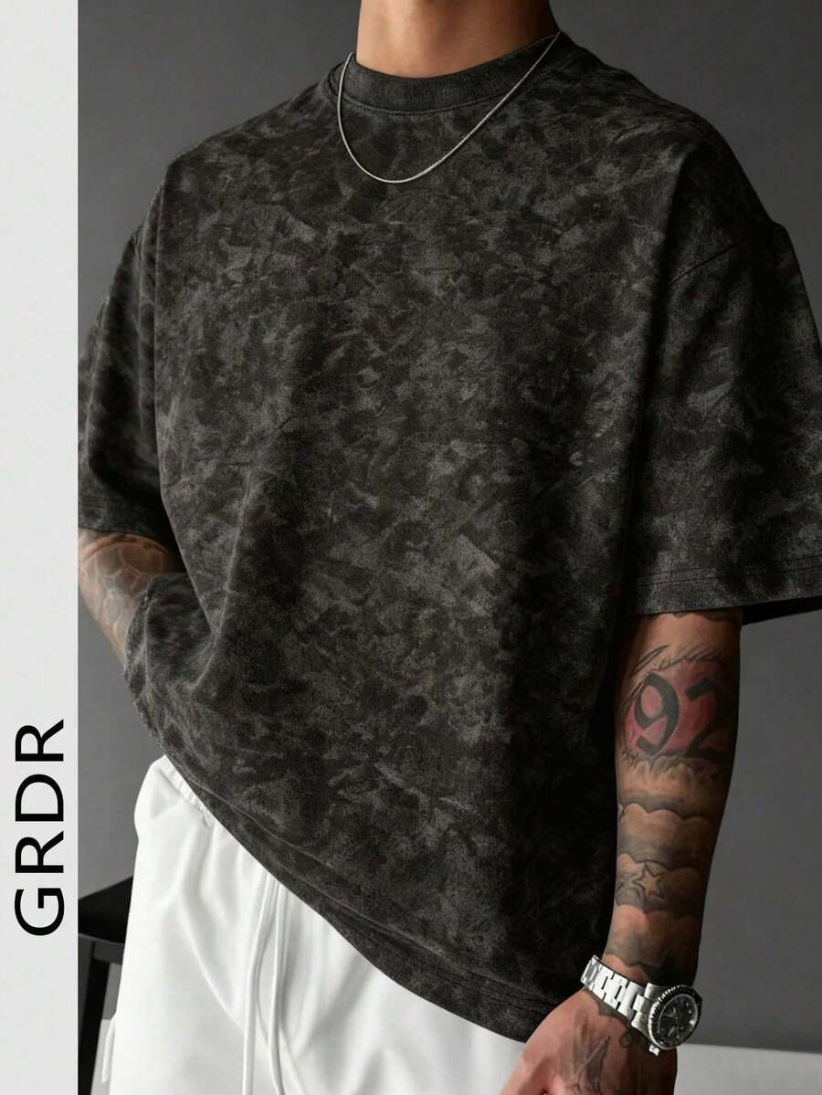 Camiseta de manga corta para hombre GRDR, de color sólido y efecto lavado, cómoda y transpirable para el verano. - Negro - Ver 1