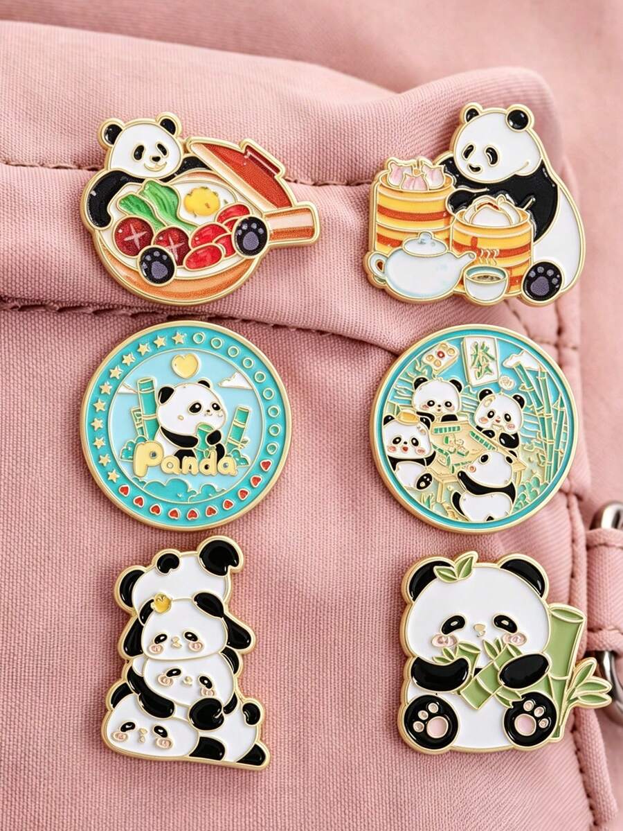 6 Pcs/Set Cartoon Multi-Style Panda Patterned Metal Brooches For Women, Can Be Used As Bag Pins And Clothing Accessories, Versatile For Daily Wear. - Multicolor - View 1