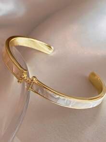 1pc Luxury White Mother Of Pearl H-Shaped Zirconia Inlaid Open Cuff Bracelet, Versatile Elegant Commuter Bangle - Golden White - View 2