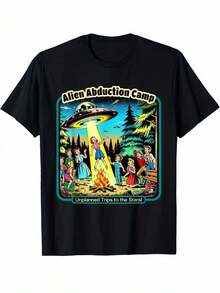 Funny Retro UFO Camp T-Shirt, Breathable For Casual Sports, Halloween And Christmas Gifts, 180 G/M² Cotton, The Best T-Shirt Gifts For Friends Or Family - 黑色 - 查看 1