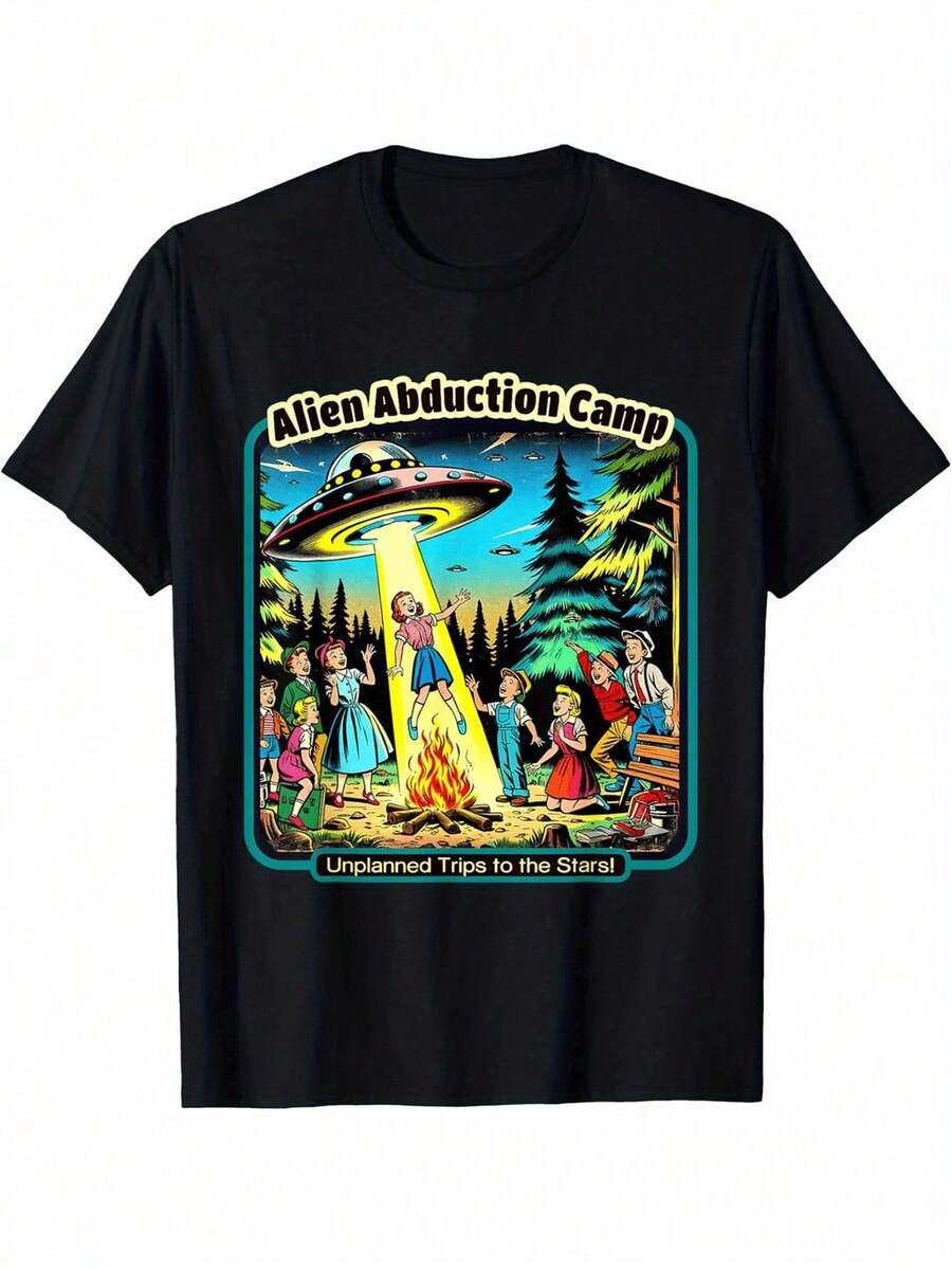 Funny Retro UFO Camp T-Shirt, Breathable For Casual Sports, Halloween And Christmas Gifts, 180 G/M² Cotton, The Best T-Shirt Gifts For Friends Or Family - 黑色 - 查看 1