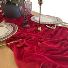 Chemin de table en velours 20 X 120 pouces 10ft luxueux épais et doux Chemin de table en velours pour Noël Thanksgiving Mariage Réception de fête Décorations de réception - Rouge - Voir 3