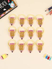 12pcs Rhinestone Pencil Hair Ties, Elastic Ponytail Hair Bands, Back To School First Day Classroom Gift Hair Accessories For Girls, School Supplies For Girls - Multicolor - View 9