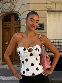 Sexy Polka Dot Fitted Hollow Out Lace-Up Camisole Summer - Black and White - View 4