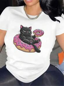 Camiseta de Mujer de Poliéster con Diseño de Gato en Donut, Ideal para Uso Casual en Restaurantes o Salas de Estar, Tela Duradera y Cómoda, Regalo Perfecto para Amantes de los Animales, Lige - Negro - Ver 7