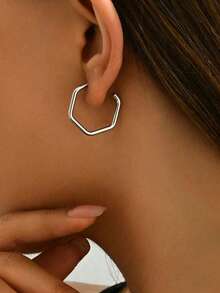 1 Pasang Anting Tusuk Minimalis Geometris dari Baja Tahan Karat, Berbentuk Heksagon - warna baja - View 2