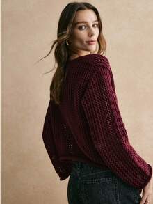 Women's Textured Open Knit Cardigan, Crew Neck Drop Shoulder Long Sleeve Gold Button Front Loose Casual Sweater Jacket Vacation Fall - Burgundy - View 2
