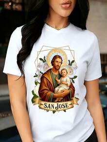 Camiseta de manga corta para mujer con estampado de San José y la Virgen María, un artículo de moda para 2026, perfecta para la playa, viajes, uso doméstico y salidas. La ropa es moderna y c - Blanco - Ver 1