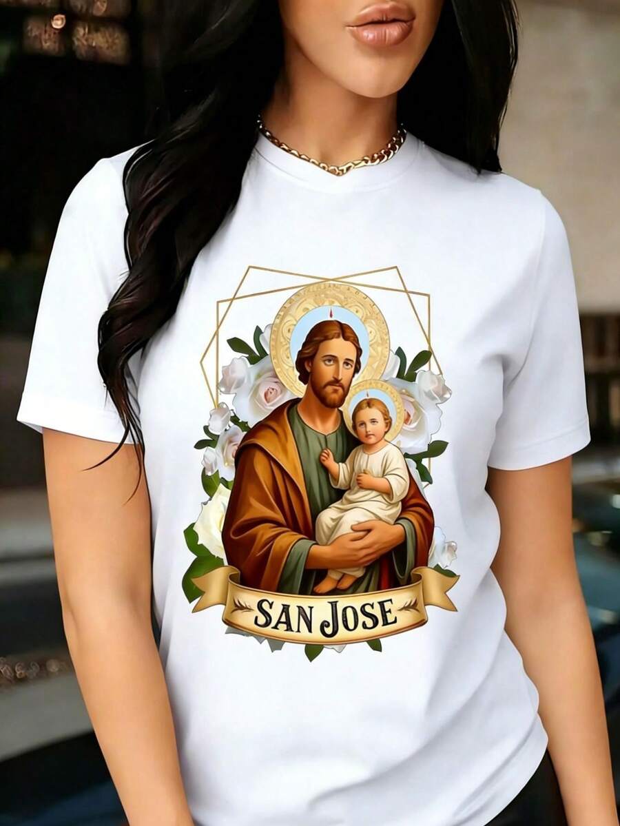 Camiseta de manga corta para mujer con estampado de San José y la Virgen María, un artículo de moda para 2026, perfecta para la playa, viajes, uso doméstico y salidas. La ropa es moderna y c - Blanco - Ver 1