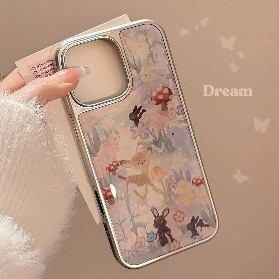 Cute Oil Painting Fashion Electroplated Epoxy 1pc Silver Framed Forest Deer Phone Case Compatible With Apple Smartphones Easter Spring Gift Cases