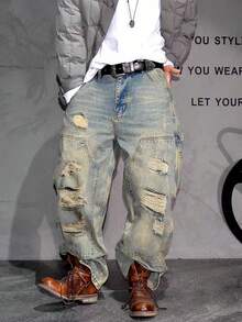 Men's New Straight Leg Cat Whisker Distressed American Casual Denim Jeans - Bronze - View 4