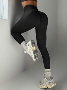Leggings de yoga sin costuras negro puro para mujer, cintura alta con compresión y ajuste ceñido, para gimnasio, running, pilates, deportes al aire libre, verano y otoño, estiramiento en cuatro direcciones, diseño de control de abdomen, adecuado para mujeres - Negro - Ver 4
