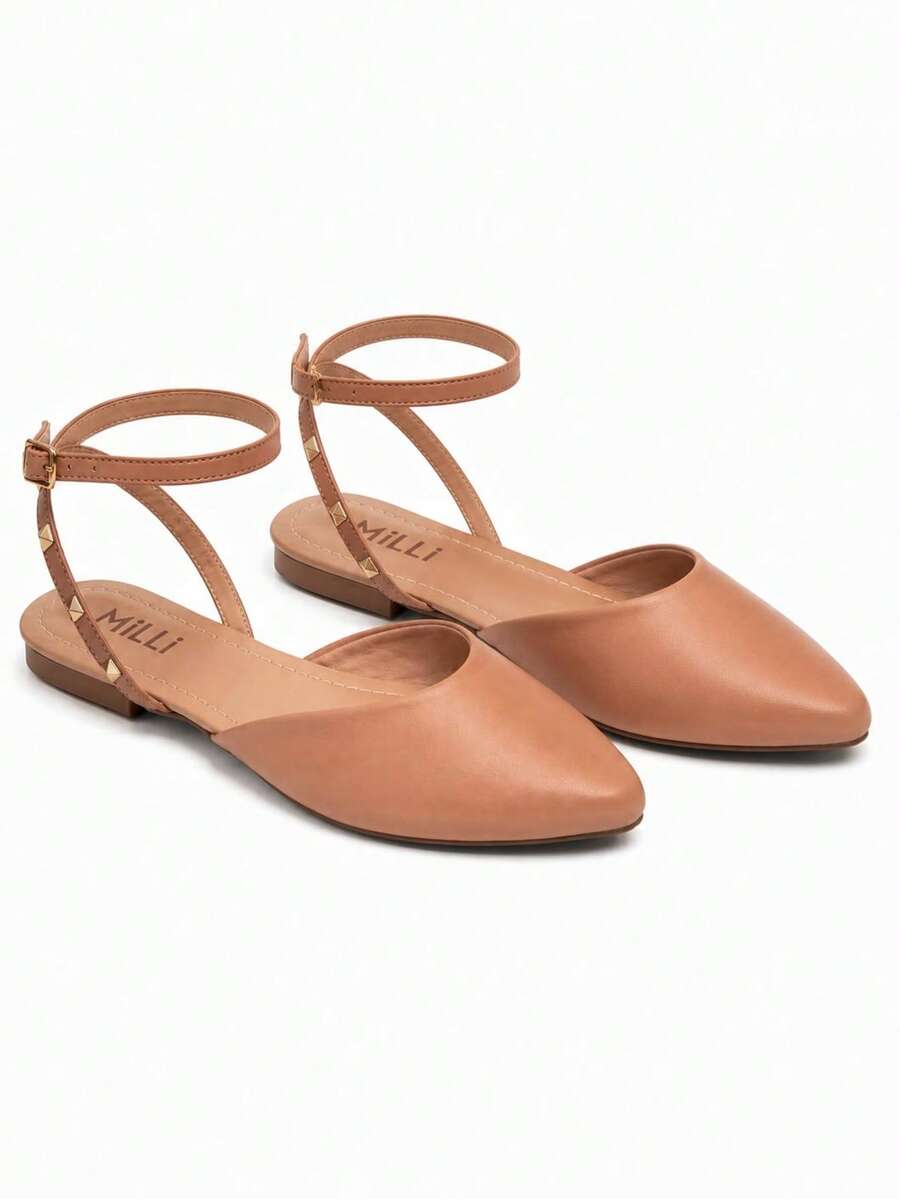 Women's Flat Shoes With Pointed Toe, Adjustable Ankle Strap, Spikes, Comfortable - Beige - View 1