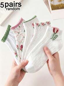 5 paia di calzini corti da donna assortiti casualmente con motivo floreale in rilievo, bianco puro, in rete traforata traspirante, stile semplice fresco e dolce, adatti per outfit primavera-estate in vari contesti - Multicolore - Visualizzare 2