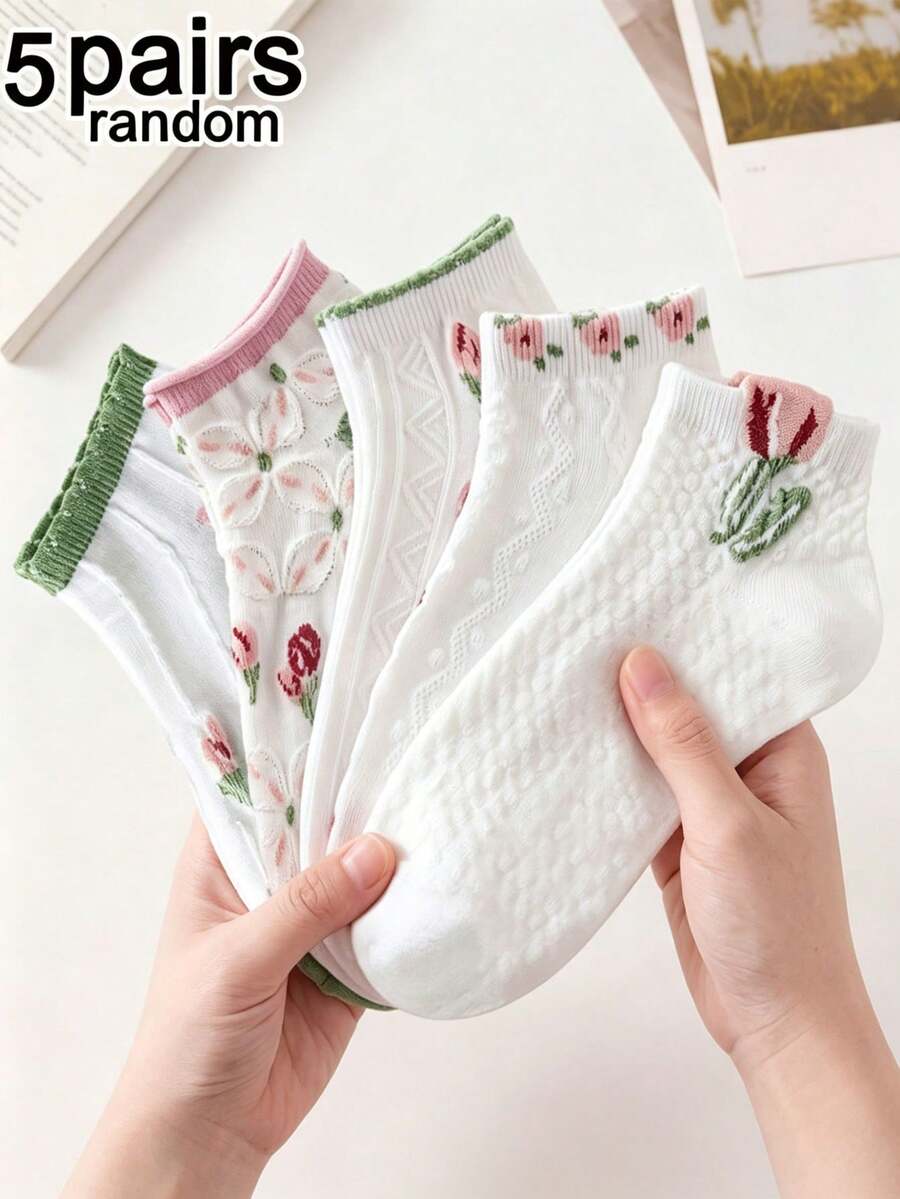 5 paia di calzini corti da donna assortiti casualmente con motivo floreale in rilievo, bianco puro, in rete traforata traspirante, stile semplice fresco e dolce, adatti per outfit primavera-estate in vari contesti