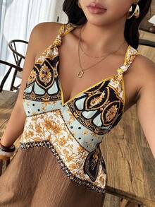 Plus Size Printed Patchwork Backless Sleeveless Vacation Dress Elegant Summer - Multicolor - View 2