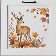 1pc Watercolor Deer Looking Curiously Wall Stickers Self-Adhesive Easy Peel & Stick Matte Finish For Bedroom Cabinet Decoration With Autumn Maple Leaves Oak Leaves Berries Rustic Hand Drawn Design Removable Waterproof Durable Home Art - A - View 5