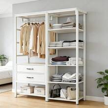 WUWAWDOGA Modern Open Modular Wardrobe For Bedroom With 2 Drawers, Multiple Built-In Shelves And Hanging Rails. White. - White - View 3