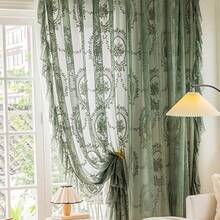 1pc French Luxury Vintage Princess Style Green Jacquard Lace Semi-Sheer Curtain, Rod Pocket Top, Living Room Bedroom Balcony Bay Window Apartment Home Decor Sheer Curtain - Green - View 2