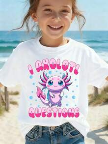 Camiseta súper linda para niñas con diseño de "I AXOLOTL" (Pequeño Hombre Pez), ropa casual diaria estilo kawaii con cuello redondo, artículo de moda infantil para primavera/verano, vestido - Blanco - Ver 1