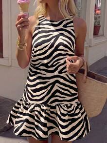 2026 Summer New Women's Casual Elegant Sexy Satin Ruffle Hem A-Line Mini Dress, Y2K Style, Outing Dress, Y2K Women's Clothing Vacation - Brown - View 5