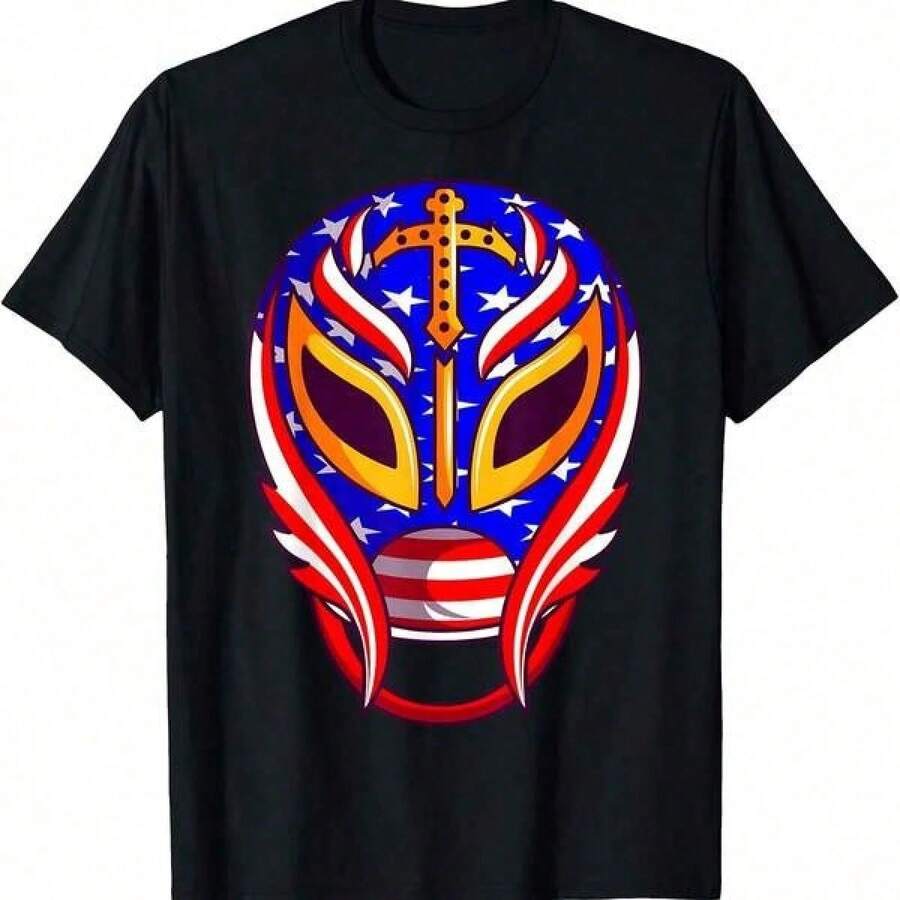 Camiseta de algodón puro para mujer con diseño de máscara de lucha mexicana, ropa de trabajo. Suave y cómodo, adecuado para todo tipo de cuerpos, tanto para hombres como para mujeres. Tela d - Negro - Ver 1