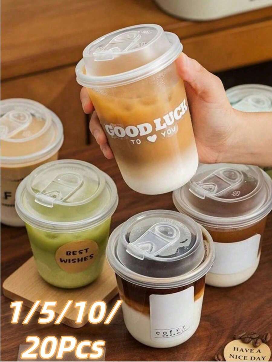1/5/10/20pcs Thickened Coffee Cups, Leak-Proof Lid Design, Insulated Plastic Cups, Anti-Scald Flip Lid Design, Suitable For Coffee Lovers, Also Applicable For Milk Tea, Coffee, Juice And Other Beverages - Multicolor - View 1