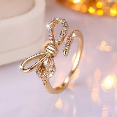 1pc French Luxury Bow-Shaped Open Ring For Women, Fully Embellished Design, Commute, Party, Anniversary, Birthday Gift For Girlfriend