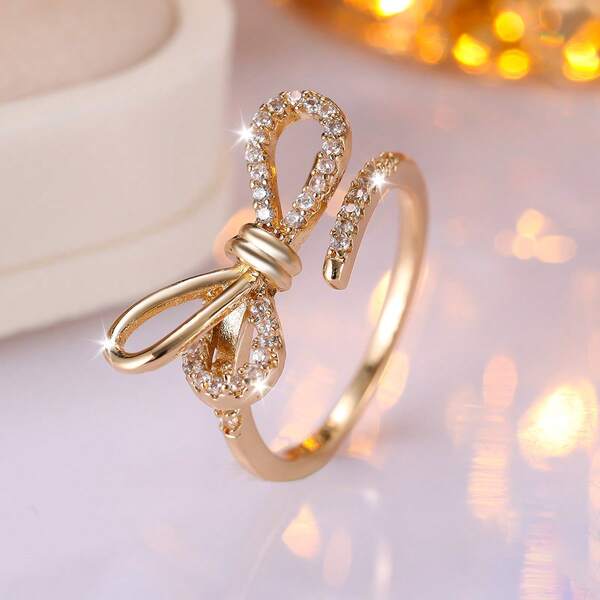 1pc French Luxury Bow-Shaped Open Ring For Women, Fully Embellished Design, Commute, Party, Anniversary, Birthday Gift For Girlfriend