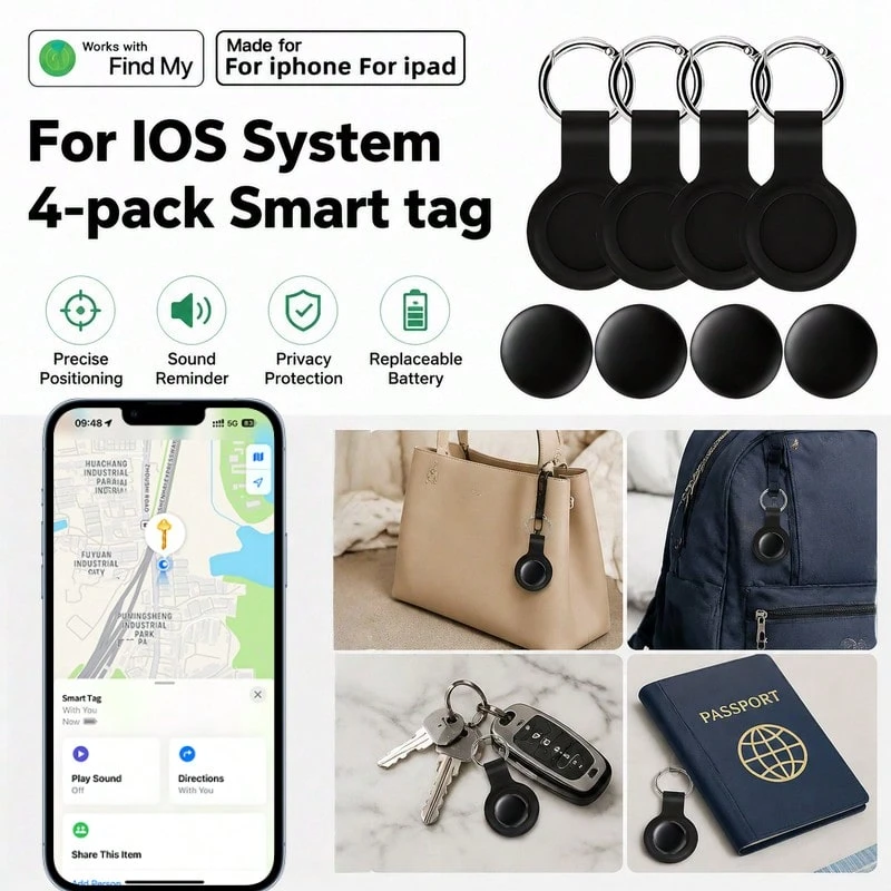 RSH For IOS 4-Pack Air Tracker Smart Tag Key Tracker, Works For IOS Find My (Only For IOS), Precise Positioning Anti-Loss Device Wireless Item Finder, For Bags, Suitcases, Backpacks, Wallet, Replaceable Battery&Privacy Protection, Support Family Sharing