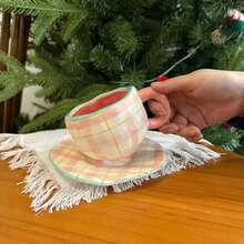 Ins European Minimalist Hand-Molded Asymmetrical Ceramic Mug, Handmade High Aesthetic Tea Cup And Coffee Cup & Saucer, Suitable For Home, Restaurant, Cafe - Multi-Purpose, Heat-Retaining, Perfect For Parties And Gifts - Pink Striped Cup and Saucer - View 9