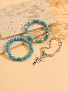 3pcs Western Cowboy Style Turquoise Beaded With Bull Head Pendant Metal Chain Bracelet Set, Fashion Layering Bracelet Set For Women, Vacation Style Hand Jewelry, Suitable For Beach Vacation, Date, Music Festival, Daily Wear - Multicolor - View 3