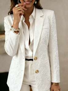Elegant Women's Long Sleeve Lapel Button Decor Floral Embossed Design Blazer, Non-Stretch Woven Fabric - White - View 8
