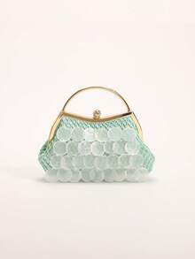 1 buah Tas Tangan Wanita Dekorasi Irisan Cangkang Alami Hijau, Tas Pantai Gaya Liburan Boho Buatan Tangan dengan Irisan Cangkang Putri Duyung, Tas Tote Jaring Ikan Belah Ketupat, Cocok untuk Sehari-hari, Pernikahan, Pesta, Perjalanan dan Liburan Santai (Retakan dan Cacat Tekstur Normal pada Irisan Cangkang Adalah Hal yang Wajar) - Hijau - View 5