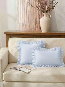 1pc Prewashed 100% Polyester French Romantic Ruffled Quilted Pillow Sham, Without Filling, Envelope Closure, Wrinkle Resistant, Machine Washable, OEKO-TEX Certified, Blue - Blue - View 6
