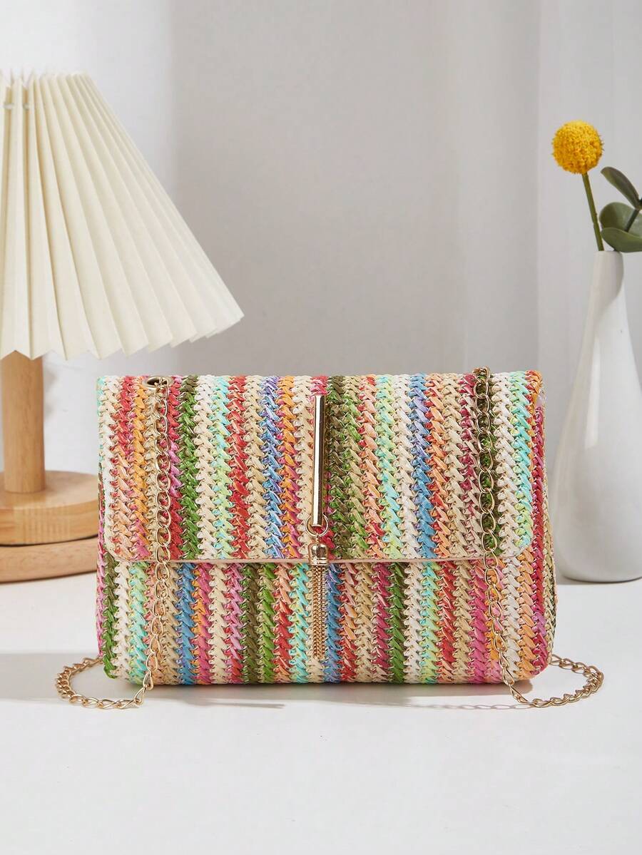 Women's Colorful Contrast Woven Fabric Magnetic Closure Small Square Crossbody Bag - Multicolor - View 1