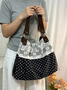 Personalized Slouchy Leisure Shoulder Tote Bag, Classic Polka-Dot Stitching Design, Practical And Versatile, Suitable For Daily Commuting Etc . - Multicolor - View 4