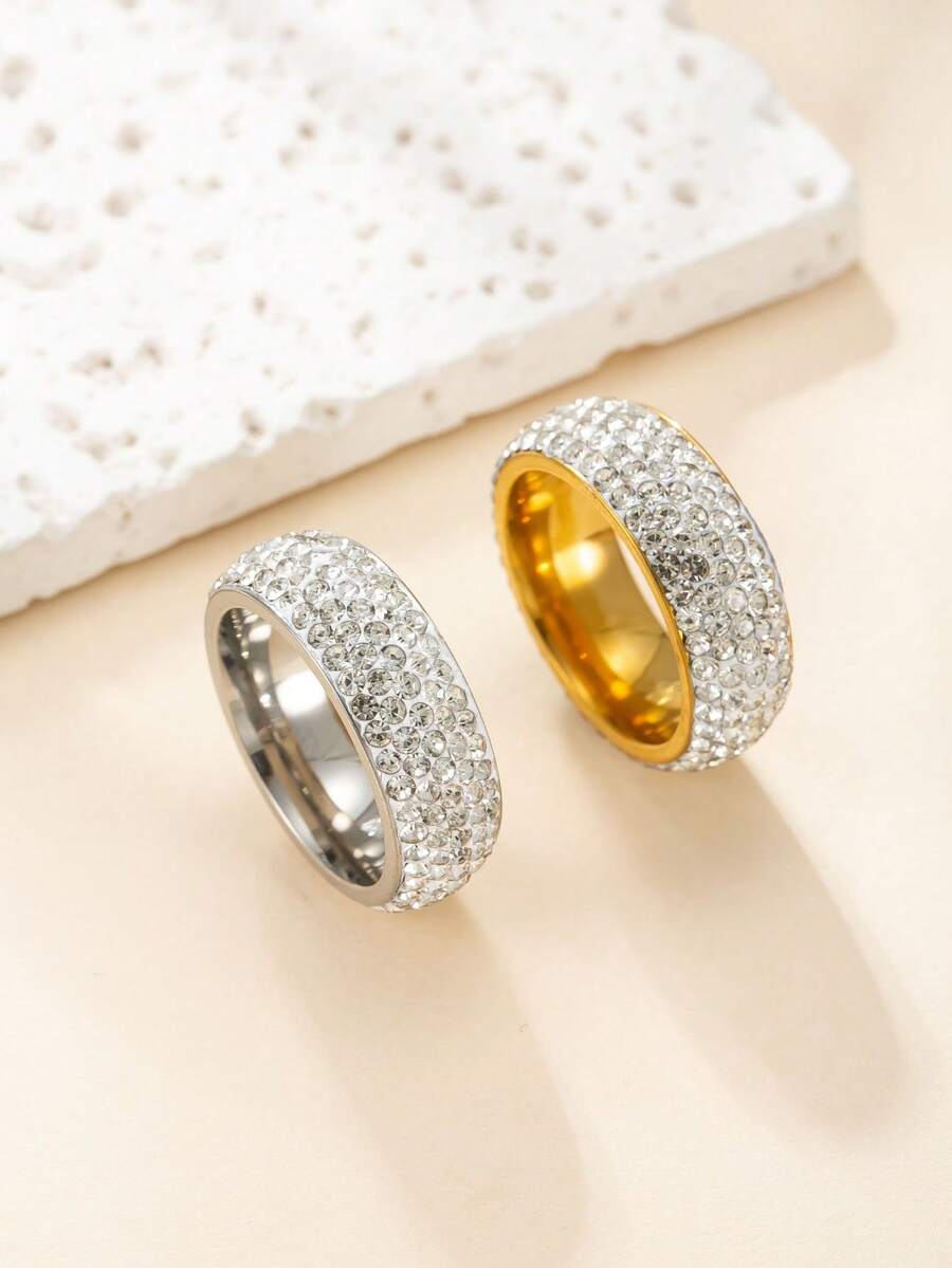 1件不鏽鋼金銀雙色5排滿鑽戒指,星光閃耀水晶,適合女性休閒購物通勤裝飾約會禮物 - 1件5排滿鑽戒指 - 查看 1