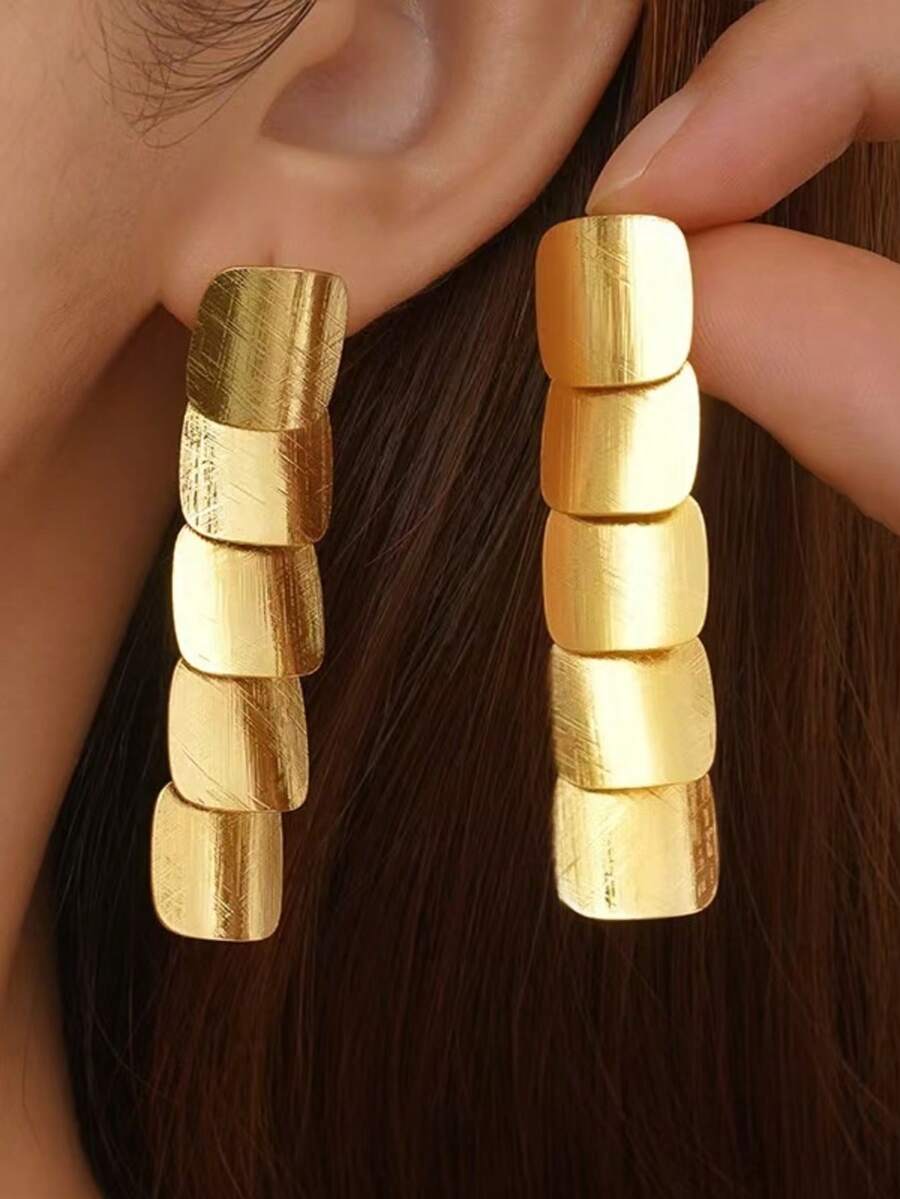 Pendientes colgantes cuadrados segmentados de tono dorado con diseño geométrico para mujer - Estilo cuadrado - Ver 1