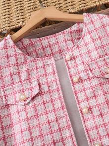 Left Mama Girls' Elegant Sweet Plaid Long Sleeve Jacket, White Camisole Top And Skirt Set, Spring/Autumn - Pink - View 5