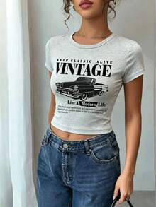 汽車「Keep Classic Alive」圖案短版 T-shirt，90年代美學印花修身休閒短袖夏季上衣 - 灰色 - 查看 6