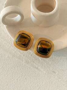 1 Pair Women's Stainless Steel Gold Thick Square Stud Earrings, Faux Tiger Eye Stone Geometric Earrings, Vintage Exaggerated Luxury Fashion 18k Gold Plated Jewelry, Suitable For Daily Wear And Party Outfit - Gold - View 7