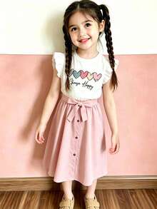 Girls Heart Print Short Sleeve Top And Long Skirt - Pink - View 1