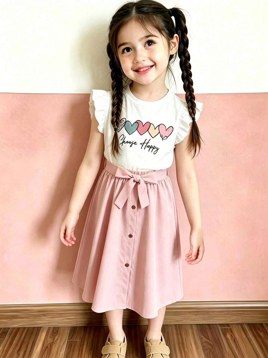 Girls Heart Print Short Sleeve Top And Long Skirt - Pink - View 1
